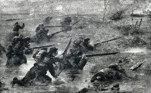 Belgium Prints: French troops advancing in a snowstorm through the flooded ditches and bare woods of southern Belgium in Nov