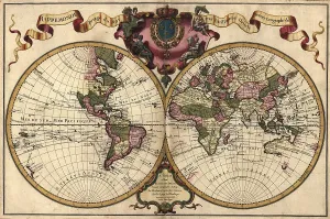 World Prints: French world map shows nautical exploration routes and political boundaries