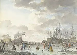 Brush Prints: Frost Fair on a Frozen River with Ships, Hendrik Kobell, 1773, Dutch watercolor painting