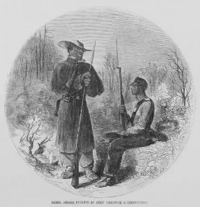 Enslaved Prints: Fully armed Confederate African American pickets as seen through a Union officer's field-glass