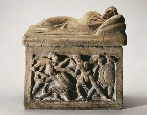 Etruria Prints: Funerary urn. 3rd-2nd c. BC. Relief depicting a hero fighting against the Persians