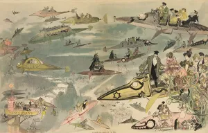 Aeronautics Prints: Futuristic view of air travel over Paris as people leave the Opera
