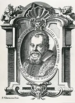 GALILEO, Galileo Galilei, called (1564-1642). Portrait of Galileo with a frame surrounding it and an inscription: GALILEO GALILEI LINCEO FILOSOFO E MATEMATICO DEL SERMO