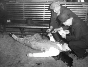 Mobster Prints: Gangster Jack McGurn lying dead in a Chicago bowling alley