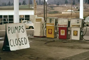 Gasoline Prints: Gas station with closed pumps along Interstate Route 5 in Oregon Sept. 1973
