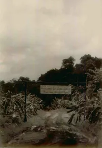 Communes Prints: Front Gate Welcome Sign and gate at the beginning of the road into Jonestown