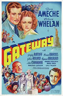 GATEWAY, top from left: Don Ameche, Arleen Whelan, bottom left: Gregory Ratoff, far right: Gilbert Roland on poster art, 1938, TM and Copyright 20th Century Fox Film Corp