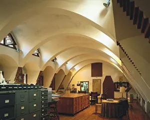 GAUDI i CORNET, Antoni (1852-1926). GUell Estate. SPAIN. Barcelona. GUell Estate. Interior of the old stable, rectangular room with transverse parabolic arches. Modernism