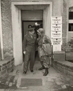 General Dwight Eisenhower talks with Major Gen. Matthew Ridgway, April 12, 1945