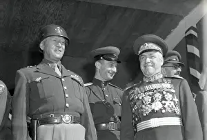Field Marshalls Prints: General George S. Patton (left) and Soviet Marshall Gregory Zhukov review troops in Berlin