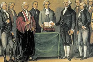 George 1732 1799 Prints: General George Washington swearing in as President at the old city hall of New York