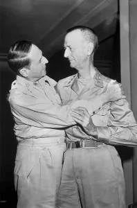 Jonathan Prints: Generals Douglas MacArthur and Jonathan Wainwright embrace at Yokohama