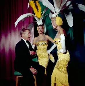 1950s Candids Prints: George Gobel (left) with showgirls in Las Vegas