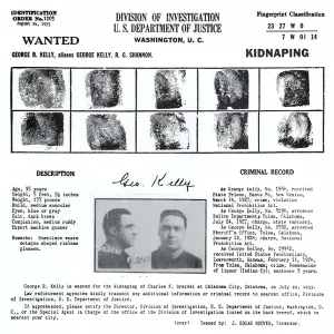Fingerprint Prints: George Machine Gun Kelly, Federal wanted poster with mugshot and fingerprints