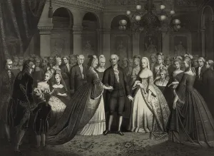 Scenes Prints: George and Martha Washington among guests at a reception in 1776