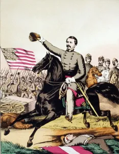 Images Dated 15th April 2008: George McClellan (1826-1885) on galloping ahead of his staff and army in a popular print of 1862