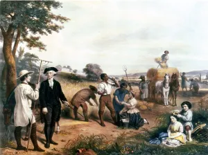 1700s Prints: George Washington as a farmer, standing among enslaved African-American field workers harvesting grain