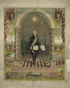 Freemason Prints: George Washington in Masonic attire, holding scroll and trowel, c. 1866