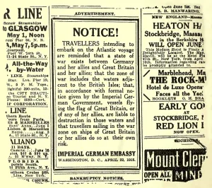 Warning Prints: German advertisement warning travelers of RMS Lusitania