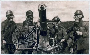 Images Dated 29th August 2007: German anti-aircraft gunners with gas masks, ca. 1914-1918