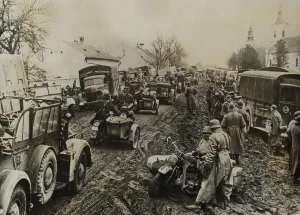 Trucks Prints: German army units invading Greece in April 1941 in heavy spring rains