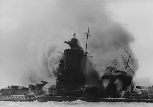 Atlantic Ocean Prints: The German battleship Admiral Graf Spee, burning off Montevideo, Uruguay, Dec. 19, 1939