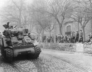 Mechanized Prints: German children watch U.S. Tanks of 87th Division