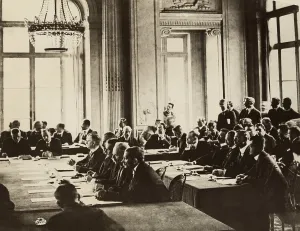 Reparations Prints: German delegates at Versailles listening to speech by French Prime Minister Clemenceau in 1919