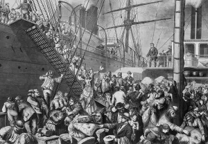 Steamers Prints: German emigrants for New York embarking on a Hamburg steamer in 1874