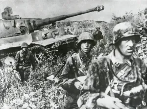 Camouflage Prints: German Infantry in camouflaged clothing retreating with a tank on the Kuban Front