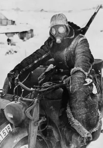 Lcgr1406 Prints: German motorcycle on the Soviet (Russian) Eastern front in the winter of 1942