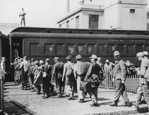 Guards Prints: German POW's boarding a New York Central Railroad passenger car