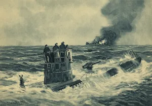 Atlantic Ocean Prints: German sailors standing on the conning tower of a U-boat after torpedoing a British cargo ship