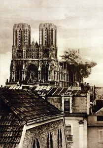 Treasures Prints: German shell bursting on Rheims Cathedral in WW1. Sept. 20, 1914