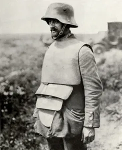 Body Armor Prints: German soldier in metal helmet design of 1916 and old fashioned body armor