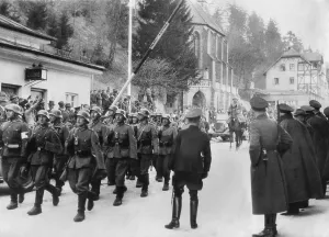 Austria Prints: German soldiers cross border in town of Kufstein-Kieferfelded on the Austria-German frontier
