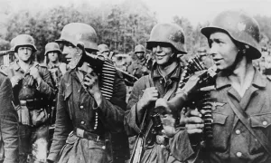 War 2 Prints: German soldiers on their way to a new assignment after a 3 day battle in 1944