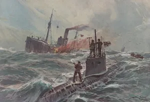 Blockade Prints: German submarine attacking an English merchant ship. 1916 painting by Willy Stower