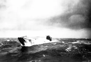 Exhaust Prints: German Submarine in rough seas. World War I. Ca. 1914-18