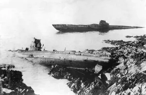 Images Dated 3rd December 2012: Two German U-boats washed up on the rocks at Falmouth