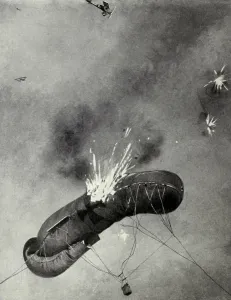 Explosions Prints: German WW1 observation balloons attacked by British planes. June 1916
