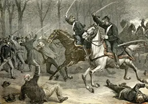 Labor Movement Prints: Germany (1892). Second Reich. Charge of the cavalry against demonstrators opposite to William II