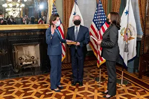 Asian American Prints: Gina Raimondo is sworn in as Secretary of Commerce by Vice President Kamala Harris