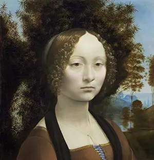 Leonardo Prints: Ginevra de Benci, by Leonardo da Vinci, c. 1474-78, Italian painting, oil on panel