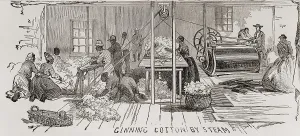 Industrial Revolution Prints: Ginning cotton by steam powered gin in 1861