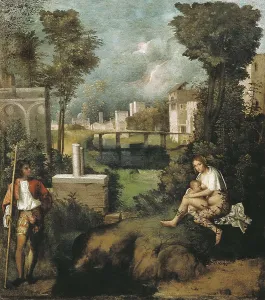 GIORGIONE, Giorgio da Castelfranco, called (1477-1510). The Tempest. 1505-1510. Renaissance art. Cinquecento. Venetian school. Oil on canvas. ITALY. Venice
