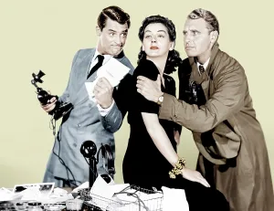 Bellamy Prints: HIS GIRL FRIDAY, from left: Cary Grant, Rosalind Russell, Ralph Bellamy, 1940