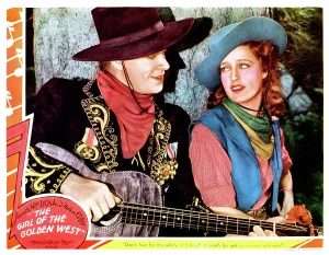 Atcmposterart Prints: THE GIRL OF THE GOLDEN WEST, from left: Nelson Eddy, Jeanette MacDonald, lobbycard, 1938