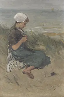 Seaside Prints: Girl Knitting in the Dunes, by Bernardus Johannes Blommers