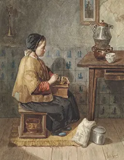 Skirt Prints: Girl Sitting on a Stove, Turning a Coffee Grinder